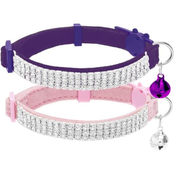 Soft Velvet Safe Cat Collars for Girl Cats -2 Pack Rhinestones Bling Diamante - Picture 1 of 6